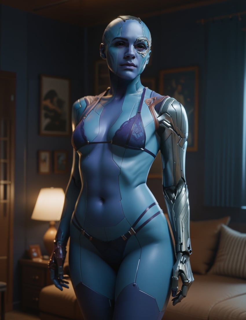 1girls ai_generated alien alien_girl blue-skinned_female blue_body blue_skin breasts cleavage female female_only guardians_of_the_galaxy hips humanoid lingerie marvel marvel_cinematic_universe nebula_(marvel) purple_lipstick solo solo_female stable_diffusion synth_canvas tagme thick_lips toned_female underwear