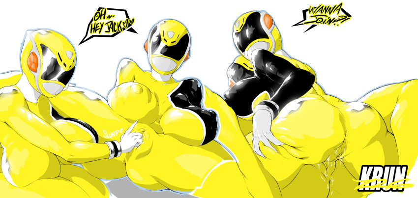 4girls ass ass_focus big_ass big_breasts big_butt big_nipples breasts clones delgado fanart female_only krun_(artist) power_rangers power_rangers_spd pussy pussy_juice_drip yellow_ranger yellow_ranger_(spd) z_delgado