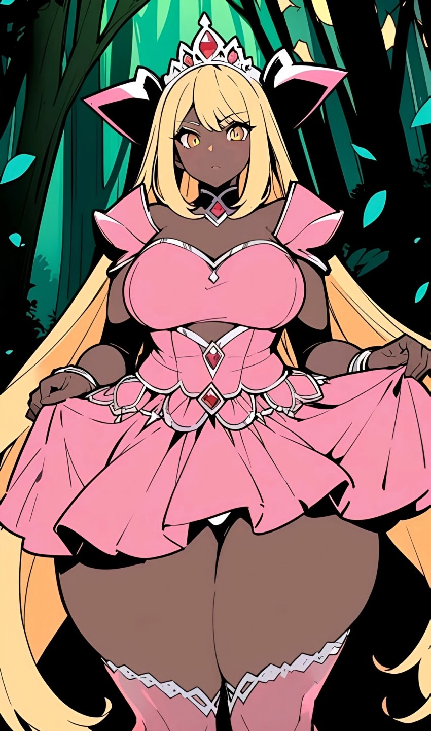 ai_generated big_breasts big_thighs breasts breasts curvy dark-skinned_female dark_skin dress huge_breasts huge_thighs looking_at_viewer myaim original_character pink_outfit princess princess_dress pulling_up_dress tagme