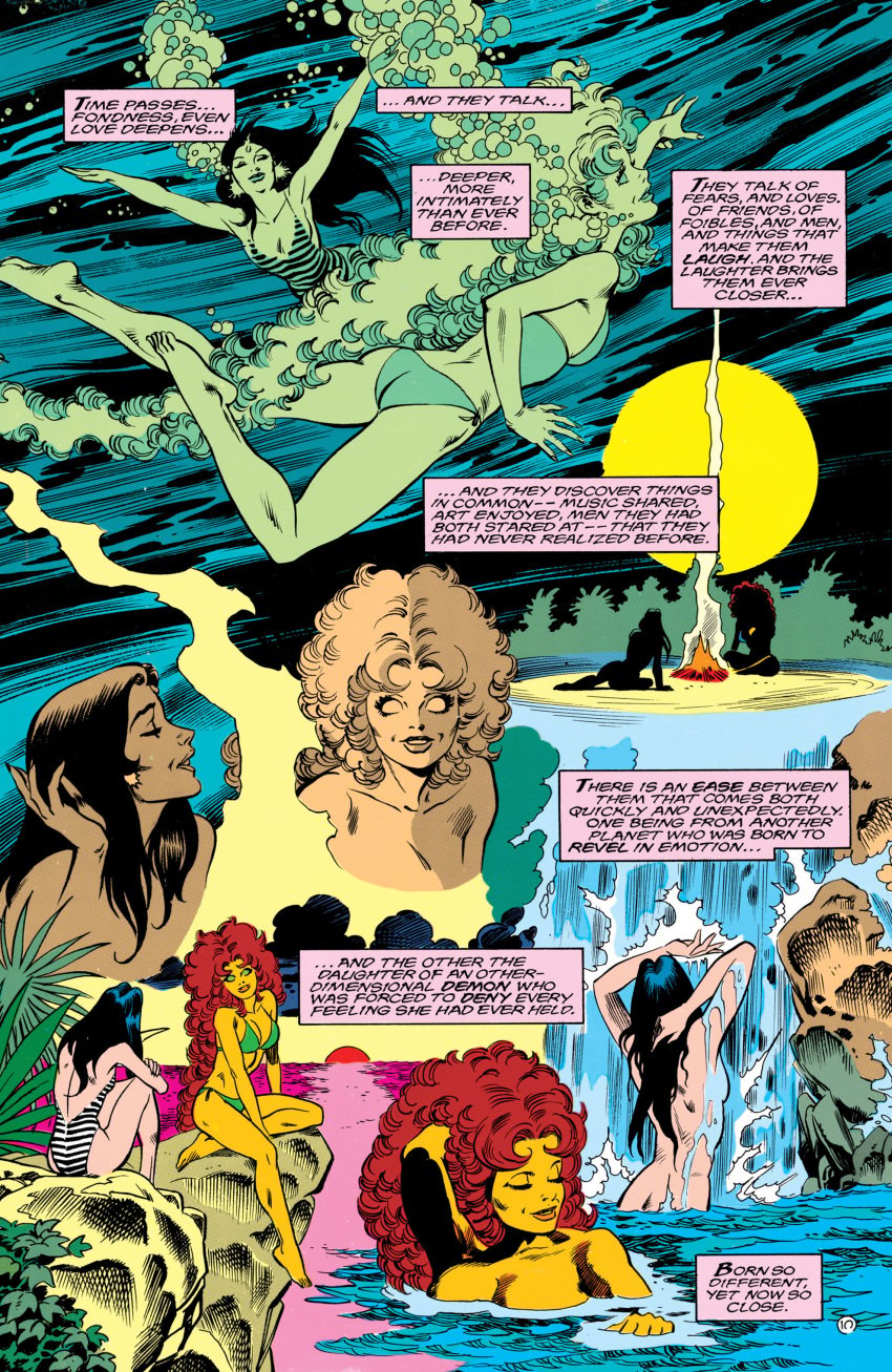 1980s 80s bikini canonical_scene casual clothing comic dc dc_comics english english_text female female_focus female_only green_bikini human koriand'r naked naked_female nude nude_female official_art pale_skin partially_submerged rachel_roth raven_(dc) skinny_dipping smiling starfire starfire_(comics) swimming swimwear teen_titans the_new_teen_titans underwater water waterfall