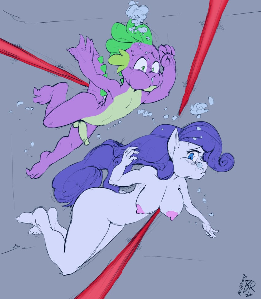 1boy 1girls air_bubbles anthro balls barefoot breasts bubbles byondrage daemont92 dragon erection feet female freediving friendship_is_magic hasbro holding_breath huge_breasts laser male my_little_pony nipples nude penis pony puffed_cheeks rarity_(mlp) scalie skinny_dipping spike_(mlp) swimming tagme underwater water