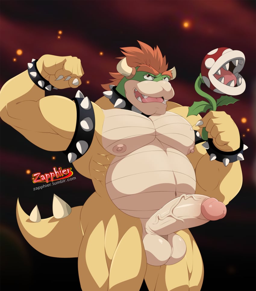 1boy 1other ambiguous_gender anthro balls big_penis bowser collar erection flexing hair horn humanoid_penis koopa looking_at_viewer male male_focus male_only mario_(series) musclegut muscular muscular_male nintendo nipples open_mouth penis piranha_plant scalie smile solo standing tail testicles vein veiny_penis video_games zapphier