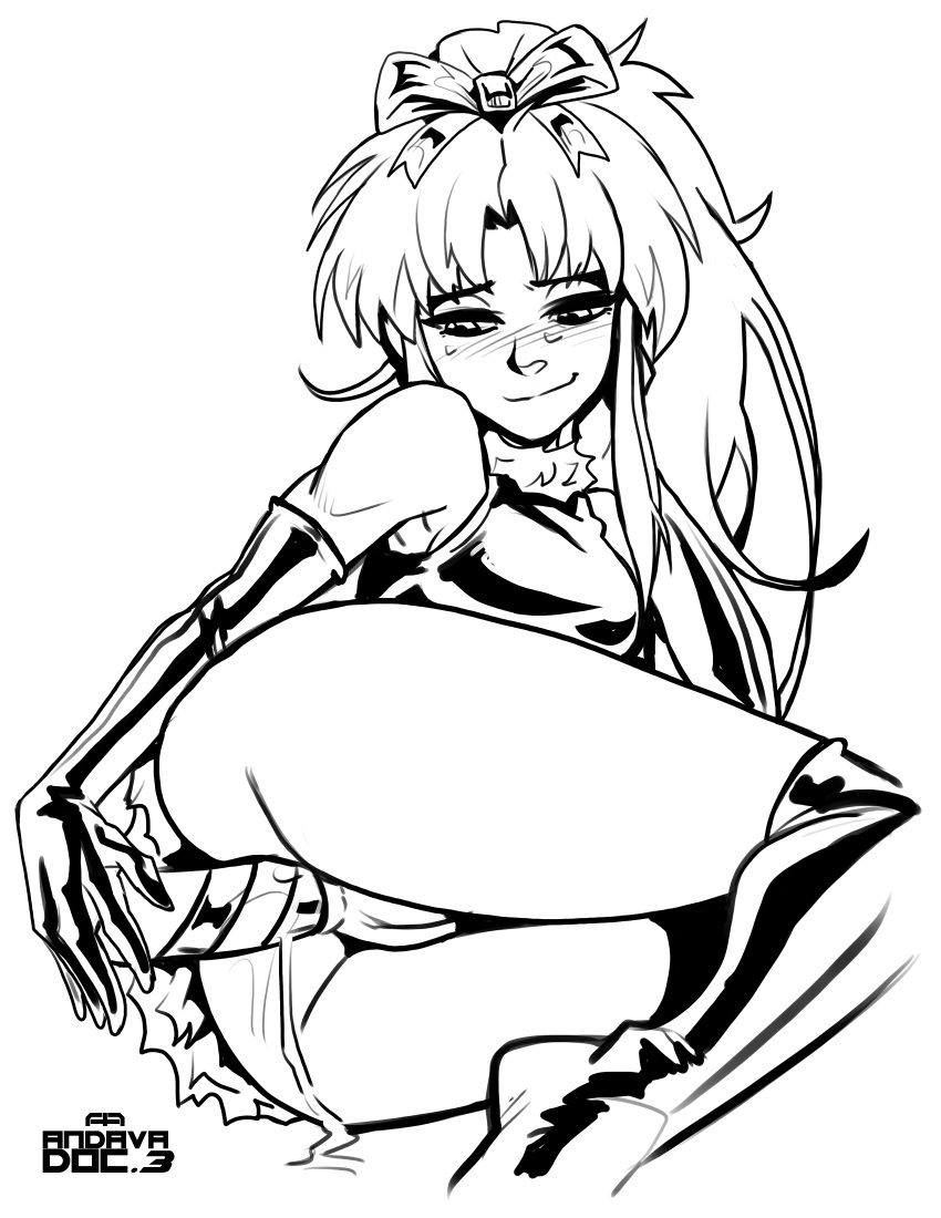 1girls anal anal_insertion andava ass black_and_white botan breasts dildo elbow_gloves female female_only human large_breasts long_hair monochrome ponytail pussy shinigami shounen_jump smile solo thighhighs vagina yu_yu_hakusho