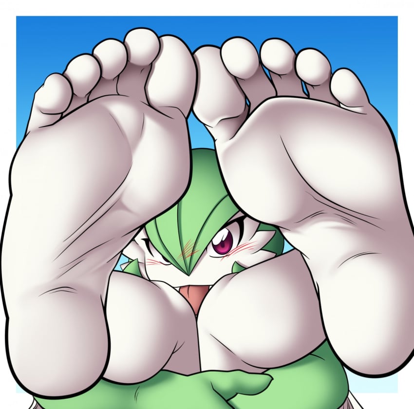 5_toes barefoot blushing cute feet feet_out_front feet_up foot_focus game_freak gardevoir green_hair humanoid_feet nintendo no_breasts pokemon pokemon_(species) pov_feet presenting_feet soles toes tongue_out white_body white_feet