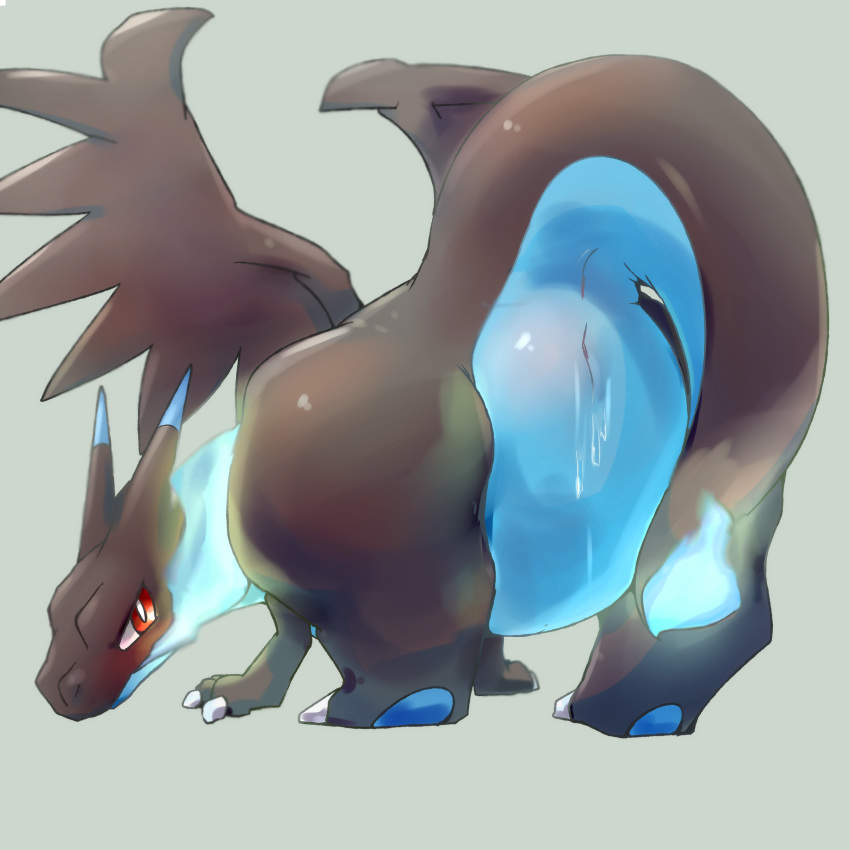 ass big_butt black_scales blue_fire charizard d5ma dragon female feral fire fire_breathing flaming_tail grey_background hi_res horn looking_at_viewer mega_charizard mega_charizard_x mega_evolution nintendo pokémon_(species) pokemon pokemon_(species) pussy raised_tail rear_view red_eyes scales simple_background slit solo thick_thighs video_games wide_hips wings