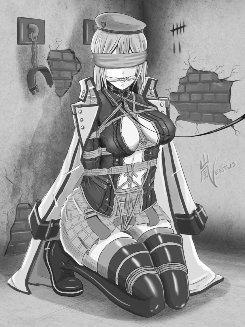 abducted alisa_ilinichina_amiella arashiventus arms_behind_back blindfold bondage boots bound cell cleavage cleave_gag collar collared_shirt commander crotch_rope female femsub fully_clothed gag gagged god_eater hat jacket kidnapped kneeling large_breasts leash long_hair miniskirt monochrome open_clothes open_shirt rope shackles shirt skirt thigh_boots thighhighs