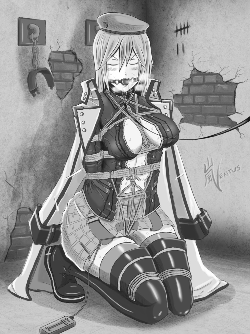 abducted alisa_ilinichina_amiella arashiventus arms_behind_back blush bondage boots bound cell cleavage cleave_gag closed_eyes collar collared_shirt commander crotch_rope female femsub fully_clothed gag gagged god_eater hat jacket kidnapped kneeling large_breasts leash long_hair miniskirt monochrome open_clothes open_shirt rope shackles shirt skirt surprised sweat thigh_boots thighhighs vibrator