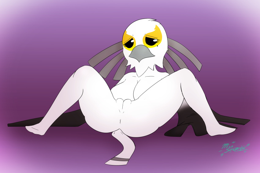 aggressive_retsuko anthro anus avian beak beauty_mark big_breasts bird breasts cleavage clothed clothing eyelashes feathers female furry furry_only miso_souperstar naked nude pussy sanrio secretary_bird secretary_washimi smooth_skin solo washimi white_feathers