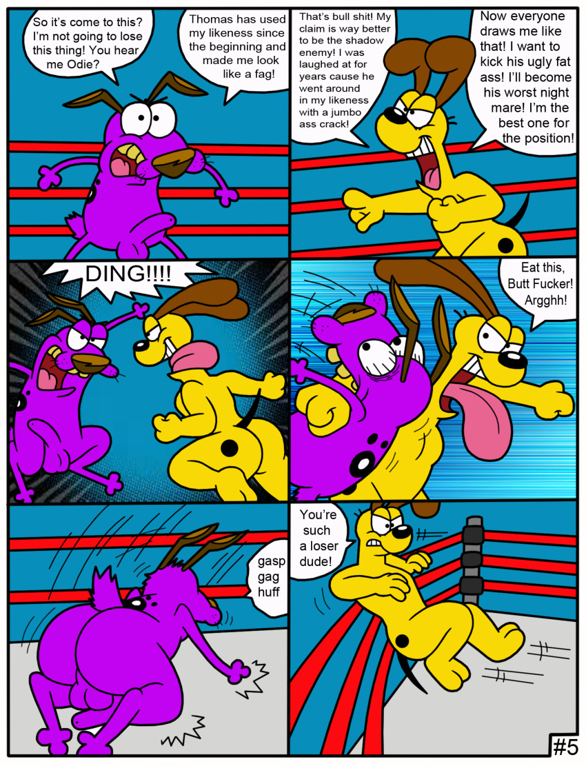 2boys anthro ass balls canid canine cartoon_network comic courage courage_the_cowardly_dog crossover duo english_text garfield_(series) gay male male_only mammal nude odie penis tbfm text wrestling