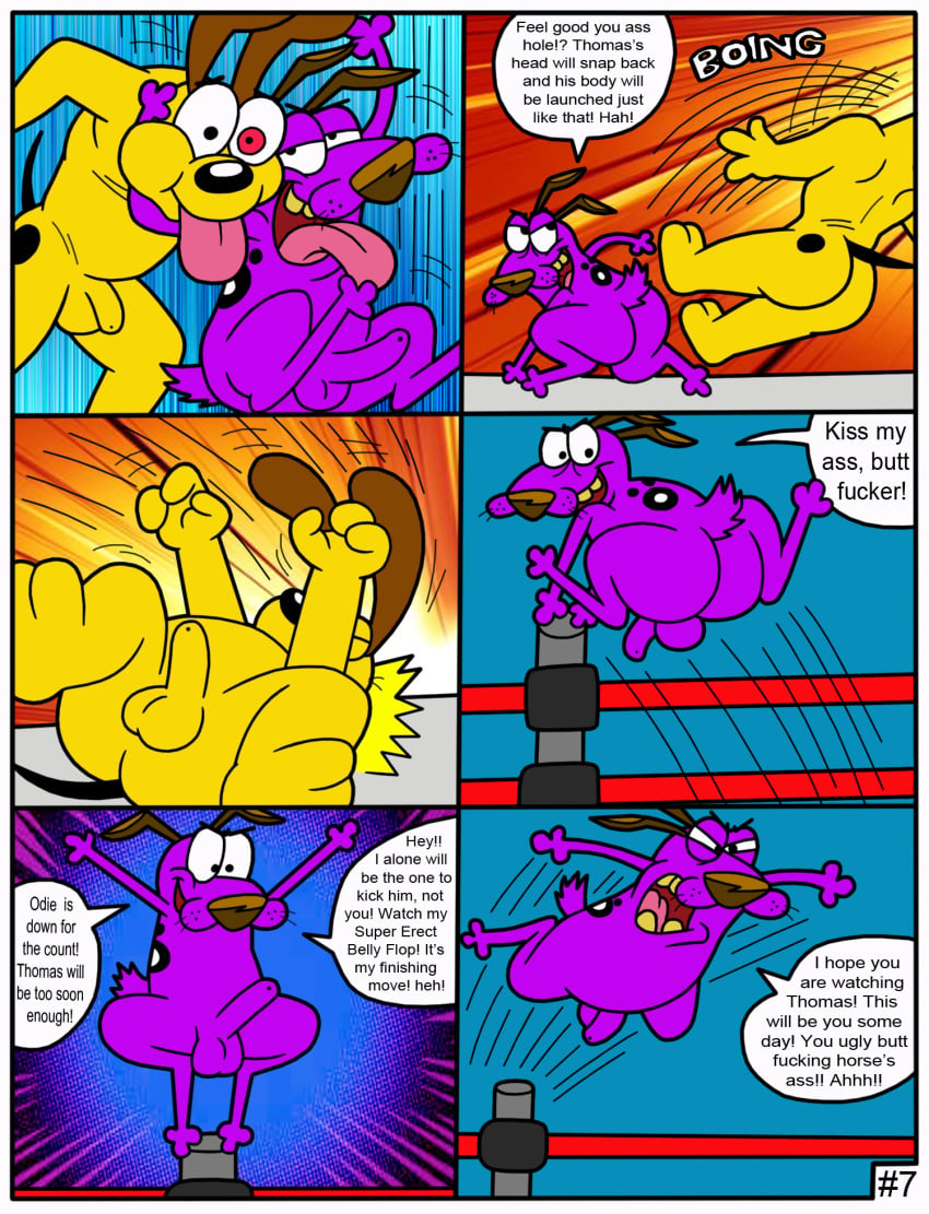 2boys ass balls canid canine cartoon_network comic courage courage_the_cowardly_dog crossover duo english_text garfield_(series) gay male male_only mammal nude odie penis tbfm testicles text wrestling