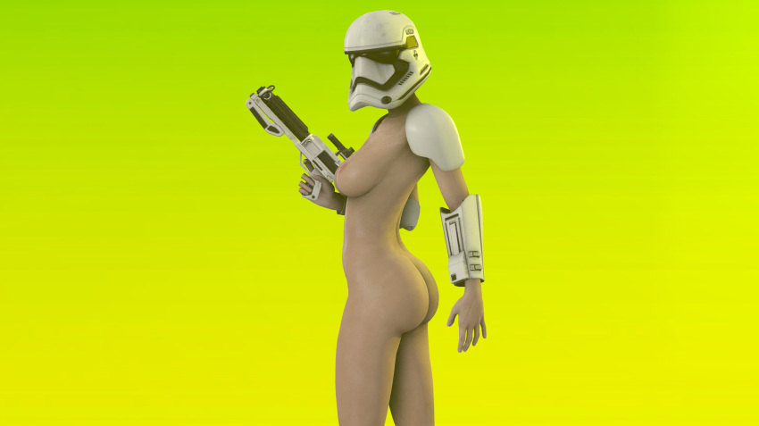 3d blaster f-11d_blaster_rifle faceless_character faceless_female female female_only female_stormtrooper first_order_stormtrooper human lady_trooper naked rosafelix simple_background source_filmmaker star_wars stormtrooper white_skin yellow_background