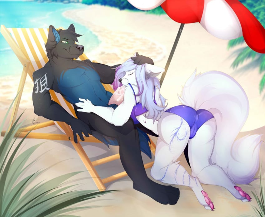 2017 anthro ass beach bikini black_fur blowjob blue_fur blue_hair breasts cameltoe canine cheek_tuft closed_eyes clothing cum duo evange fellatio female fluffy fluffy_tail fox fur green_eyes hair head_tuft inner_ear_fluff leaning leaning_back long_hair male mammal markings multicolored_hair musi nude oral pawpads penis pink_hair pink_pawpads public raised_tail seaside sex smile straight swimsuit tuft two_tone_hair white_fur white_hair wolf