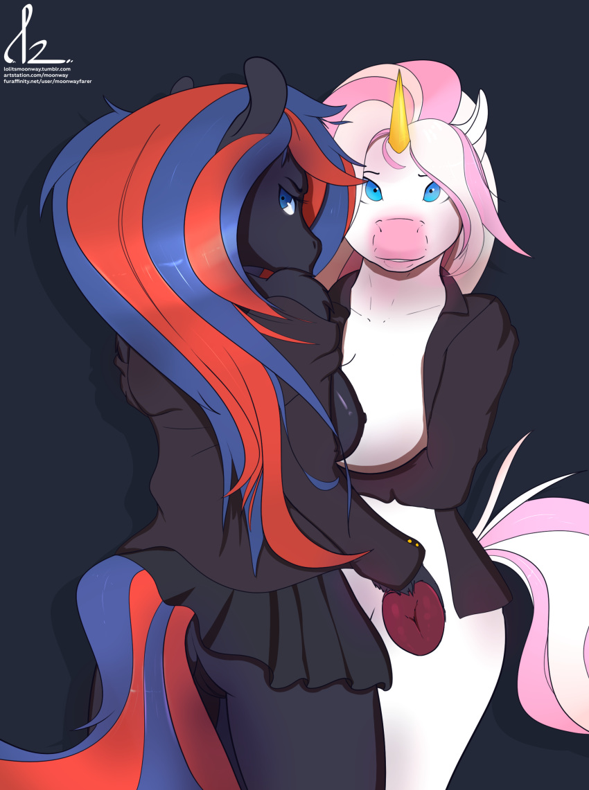 absurd_res anthro blue_eyes breasts clothing equine female hi_res horn horse looking_at_viewer mammal moonway school_uniform simple_background unicorn uniform