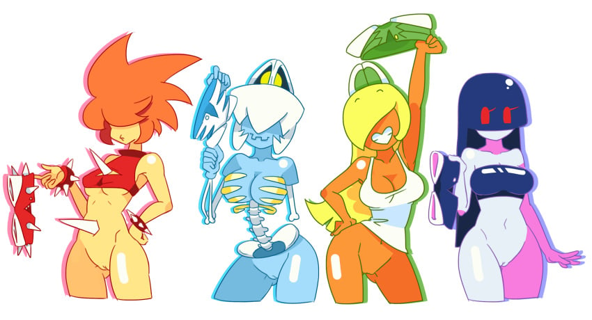 4girls belly blonde_hair blue_hair bone bones bottomless breasts buzzy_beetle buzzy_beetle_girl cleavage digital_media_(artwork) dry_bones dry_bones_girl eyebrows eyelashes female female_focus female_only group hair hair_over_eyes hips holding holding_pants humanized koopa koopa_girl mario_(series) medium_breasts minus8 multiple_girls navel navy_hair nintendo orange_hair pants pants_removed presenting presenting_pussy pussy shorts shorts_removed skeleton smile spiked_bracelet spikes spiny spiny_girl tank_top teeth transparent_background undead underboob vagina white_hair