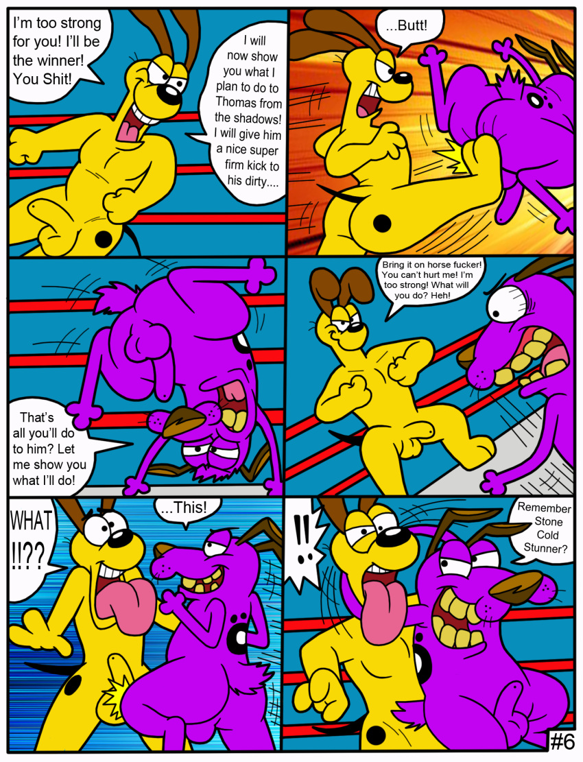 ! 2boys ass ballbusting balls canid canine cartoon_network cock_and_ball_torture comic courage courage_the_cowardly_dog crossover duo english_text garfield_(series) gay male male_only mammal nude odie penis tbfm testicles text wrestling