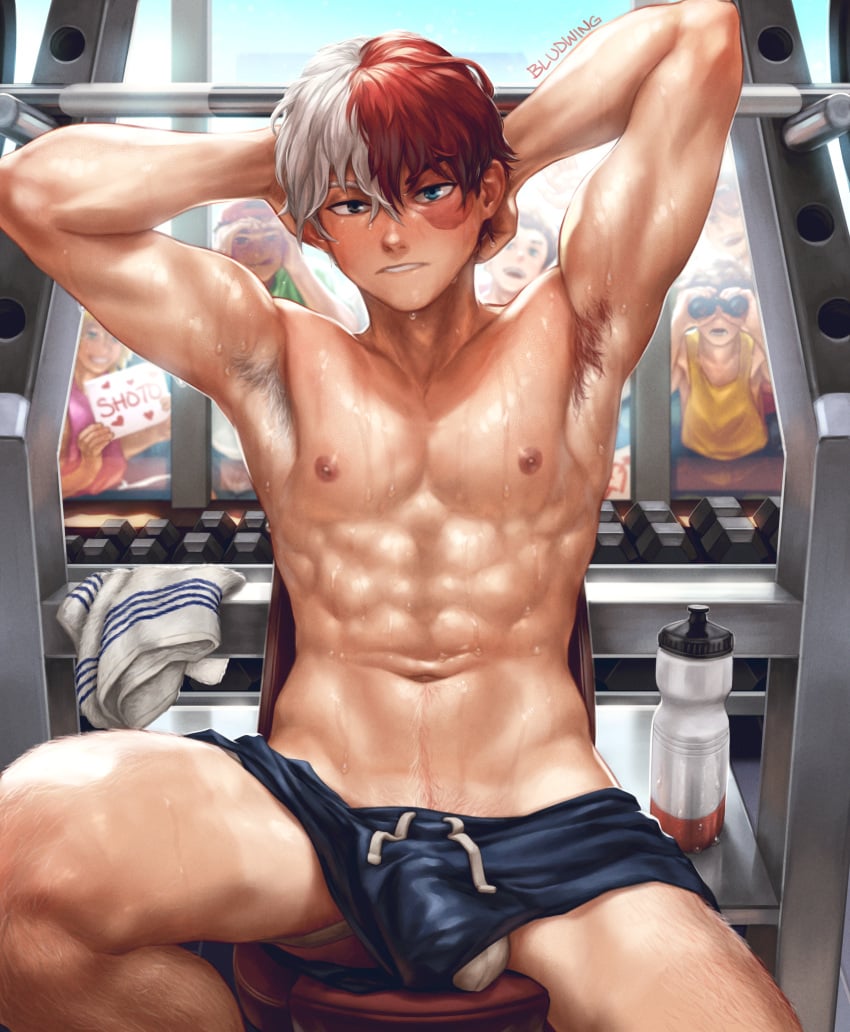 1boy almost_naked armpit_hair armpits arms_up bludwing boku_no_hero_academia boxers male male_focus male_only my_hero_academia shouto_todoroki sweat sweaty todoroki_shouto