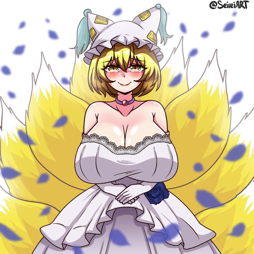 1girls artist_name big_breasts blonde_hair boobs cleavage fox_girl hat kitsune light-skinned_female multiple_tails petals ran_yakumo seireiart smile solo solo_female tears_of_joy touhou watermark wedding_dress white_background yellow_hair