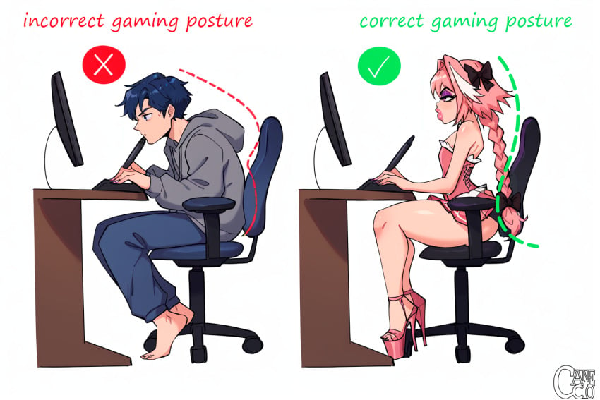 1boy ai_generated astolfo_(fate) astolfo_(fate)_(cosplay) before_and_after c4n3c0 computer_monitor correct_gaming_posture_(meme) corset desktop eyeshadow fate_(series) femboy feminine_male feminization gaming gaming_chair high_heels huge_lips meme meme_attire meme_caption sitting sitting_on_chair thick_lips thick_thighs transformation transformation_sequence