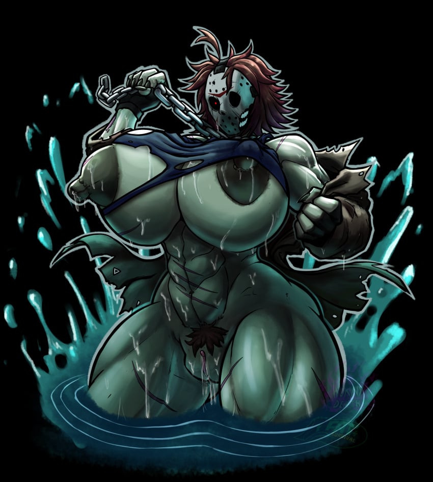 bishoujo_jason_voorhees bishoujo_terror chains fat4survival female female_only friday_the_13th genderswap_(ftm) huge_breasts hyper_breasts jason_voorhees lake mask masked_female muscular muscular_female rule_63 undressing wet zombie zombie_girl