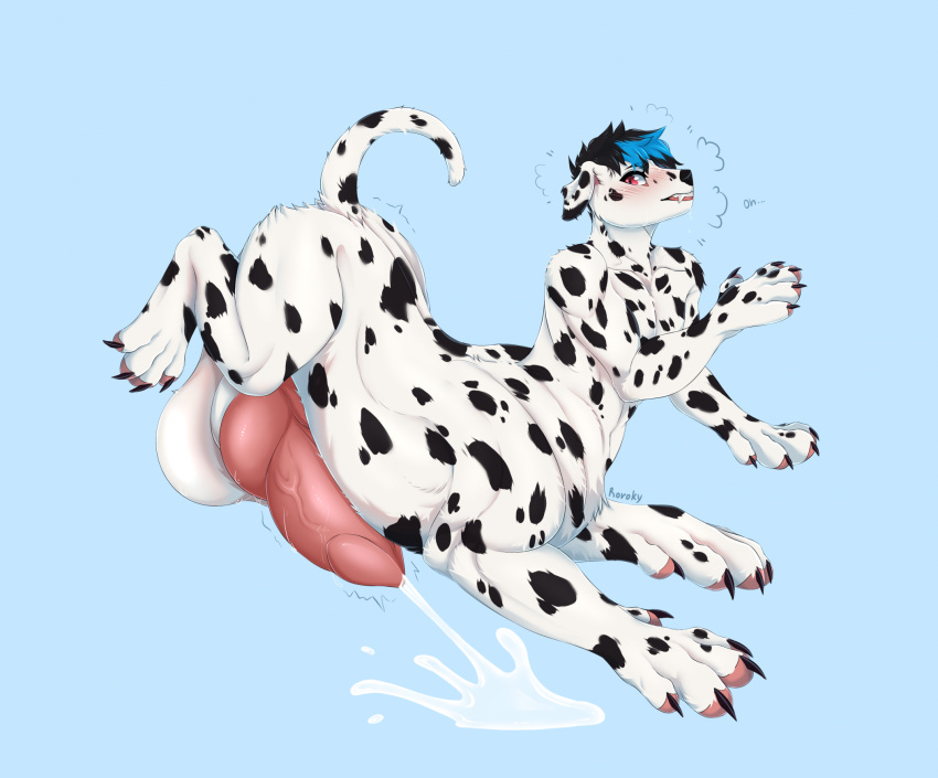 animal_genitalia animal_penis anthro balls big_balls big_penis black_body black_fur black_hair blue_hair bodily_fluids canid canine canine_genitalia canine_penis canis cum dalmatian dante_(gertgrg) domestic_dog ejaculation fur genital_fluids genitals hair hi_res huge_balls huge_cock knot knotted_penis male male_only mammal markings nails penis red_eyes rorokykyroi simple_background solo spots spotted_body spotted_fur tail taur teeth_showing white_body white_fur