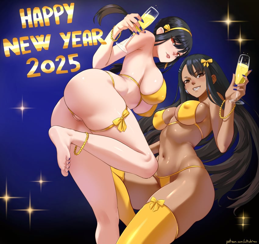 2025 2girls absurdres anklet ass bead_anklet beads bikini black_hair breasts brown_eyes covered_nipples crossover cup dark-skinned_female dark_skin drink drinking_glass hairband happy_new_year highres ijiranaide_nagatoro-san jewelry large_breasts long_hair multiple_girls nagatoro_hayase navel pussy pussy_peek red_eyes spy_x_family swimsuit thigh_strap thighhighs ultrabinou yellow_bikini yellow_hairband yellow_thighhighs yor_briar