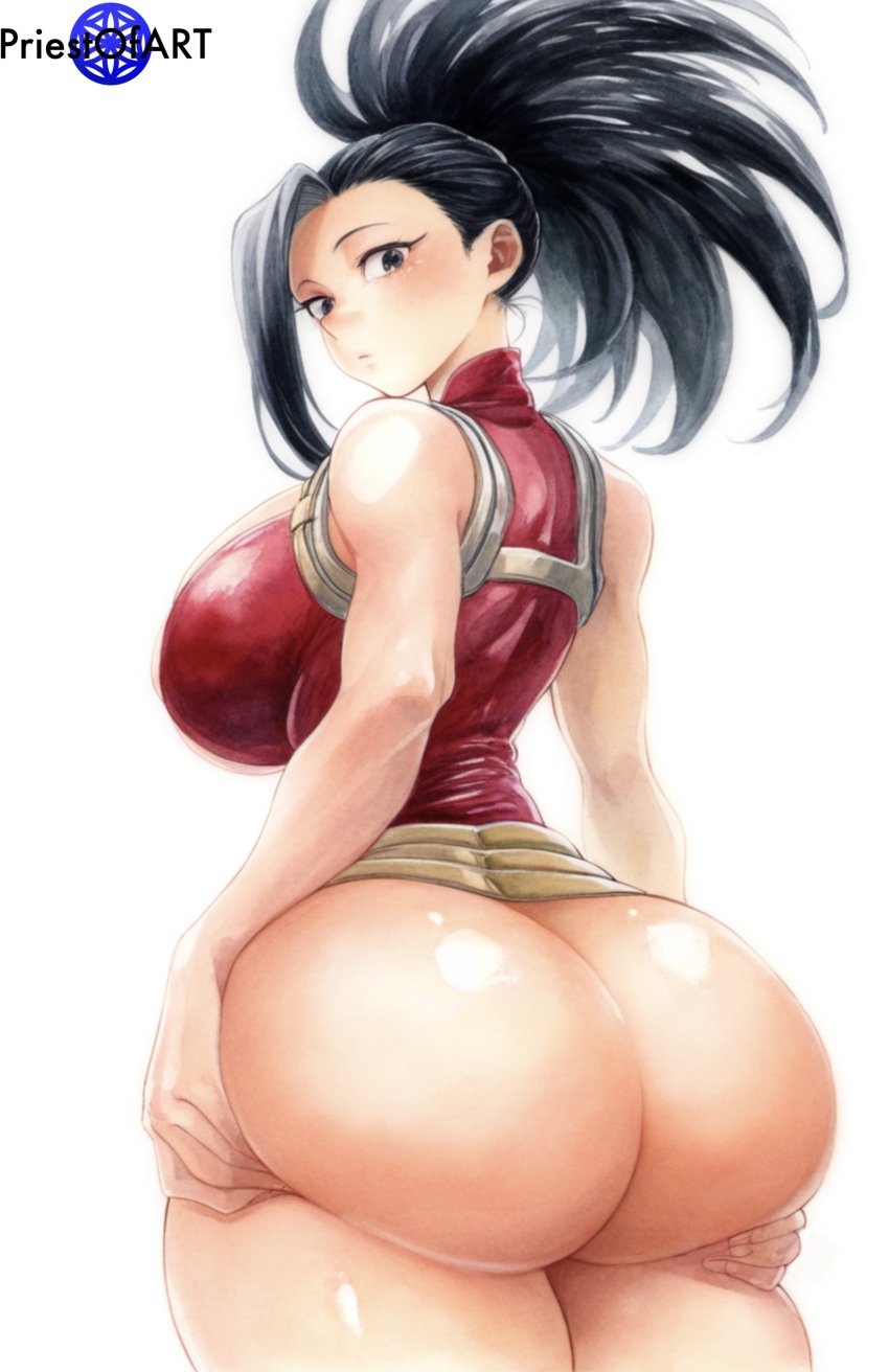 1girls ai_generated big_breasts black_hair boku_no_hero_academia color female female_focus female_only from_behind grabbing_ass huge_ass huge_breasts huge_butt large_breasts large_butt momo_yaoyorozu my_hero_academia open_clothes ponytail priestofart simple_background solo solo_female solo_focus tagme tagme_(artist) tagme_(character) thick_thighs thin_waist white_background wide_hips