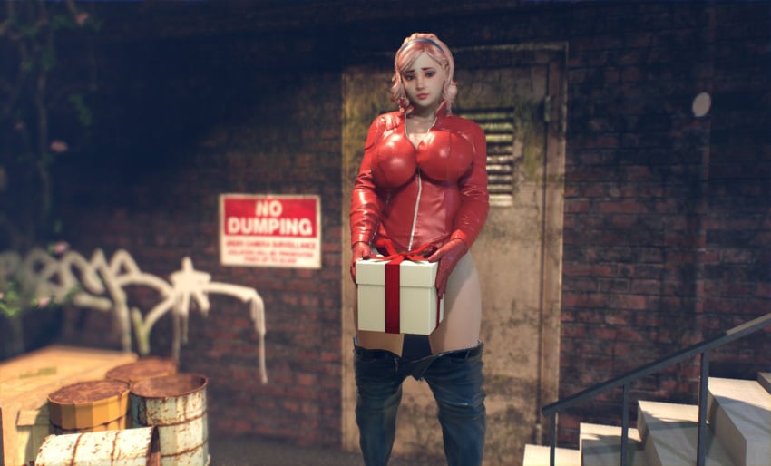 1futa 3d barrel big_breasts biker_jacket blacksheepovca blue_jeans dick_gift futa_focus futa_milf futa_only futanari gift_box headband hiding_erection holding_object josh's_mom_(blacksheepovca) looking_at_viewer outside pants_down pink_hair present presenting presenting_object red_gloves red_jacket solo