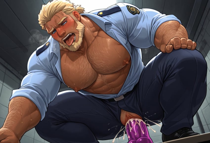 ai_generated bara beard big_breasts blonde_hair clothing cum cum_in_ass cum_in_pussy cum_inside cuntboy dildo dildo_in_pussy hairy hairy_legs hairy_pussy intersex large_pecs muscular police police_officer police_uniform pussy pussy_juice spread_legs spread_pussy squatting thick_thighs tongue_out