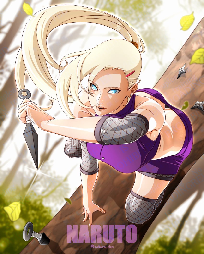 1girls absurdres armpits ass ass_peek bare_shoulders blonde_hair blue_eyes branch breasts butt_crack downpants earrings elbow_pads falling_leaves female female_only fishnet_thighhighs fishnets forehead forest full_body hair_ornament hairpin hand_on_ground highres holding holding_kunai holding_weapon human ino_yamanaka jewelry knee_up kunai kunoichi large_breasts leaf long_hair looking_up miniskirt naruto naruto_(series) naruto_shippuden nature ninja no_panties no_panties_under_skirt no_pupils on_one_knee parted_lips ponytail purple_shirt purple_skirt saburo_des sanpaku shirt shuriken skirt sleeveless sleeveless_shirt solo thighhighs twitter_username watermark weapon