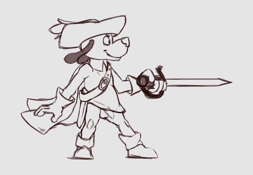 anthro archiblender balls canine dogtanian dogtanian_and_the_three_muskehounds male male_only mammal melee_weapon monochrome penis solo sword weapon