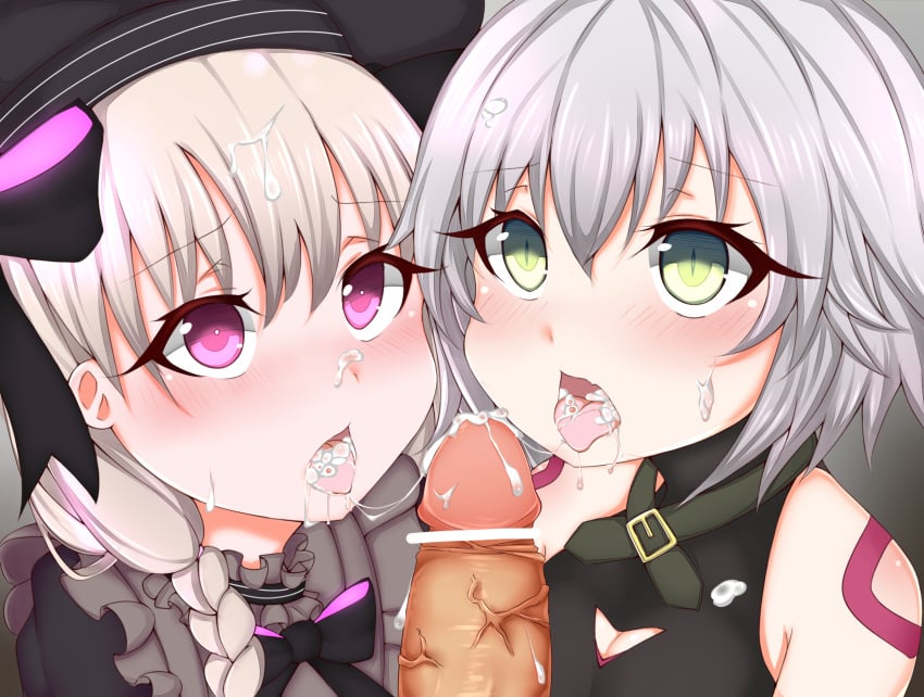 2girls akaki_tsubasa bar_censor bare_shoulders black_bow black_hat blush bow braid breasts censored cleavage cum cum_in_mouth cum_on_body cum_on_tongue cum_string eyebrows_visible_through_hair facial fate/apocrypha fate/extra fate/grand_order fate_(series) hair_between_eyes hairbow hat jack_the_ripper_(fate) long_hair low_braid multiple_girls nose_blush nursery_rhyme_(fate) open_mouth penis petite pov pov_eye_contact purple_eyes silver_hair small_breasts tattoo tongue tongue_out upper_body veins veiny_penis yellow_eyes