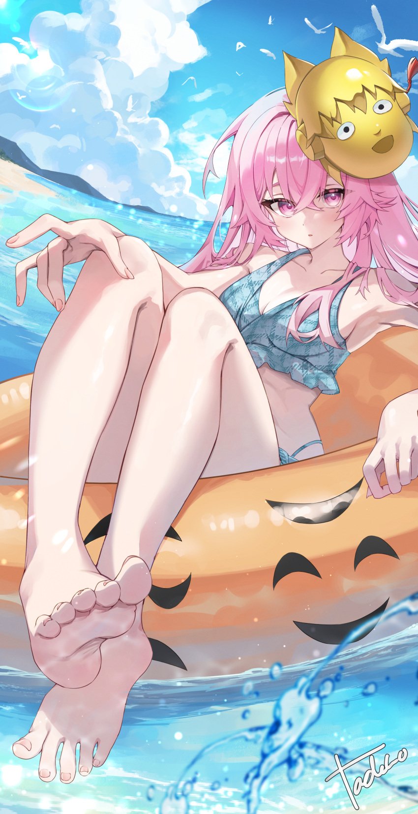 beach bikini feet hata_no_kokoro looking_at_viewer mask pink_eyes pink_hair rubber_ring tadano1129 touhou toyosatomimi_no_miko water