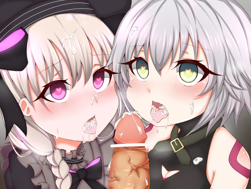 2girls akaki_tsubasa bar_censor bare_shoulders black_bow black_hat blush bow braid breasts censored cleavage cum cum_in_mouth cum_on_body cum_on_tongue cum_string eyebrows_visible_through_hair facial fate/apocrypha fate/extra fate/grand_order fate_(series) hair_between_eyes hairbow hat heart heart-shaped_pupils jack_the_ripper_(fate) long_hair low_braid multiple_girls nose_blush nursery_rhyme_(fate) open_mouth penis petite pov pov_eye_contact purple_eyes silver_hair small_breasts symbol-shaped_pupils tattoo tongue tongue_out upper_body veins veiny_penis yellow_eyes