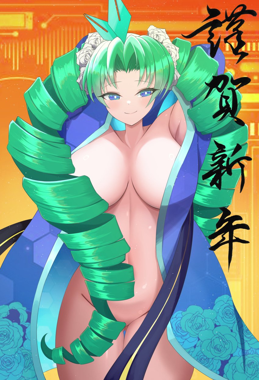 arm_behind_head blue_kimono blush center_opening closed_mouth convenient_censoring curvy duel_masters duel_masters_play's floral_print gijinka half-closed_eyes kimono kiriko_(duel_masters) large_breasts new_year new_year_2025 one_arm_up open_clothes personification ribbon smile voluptuous