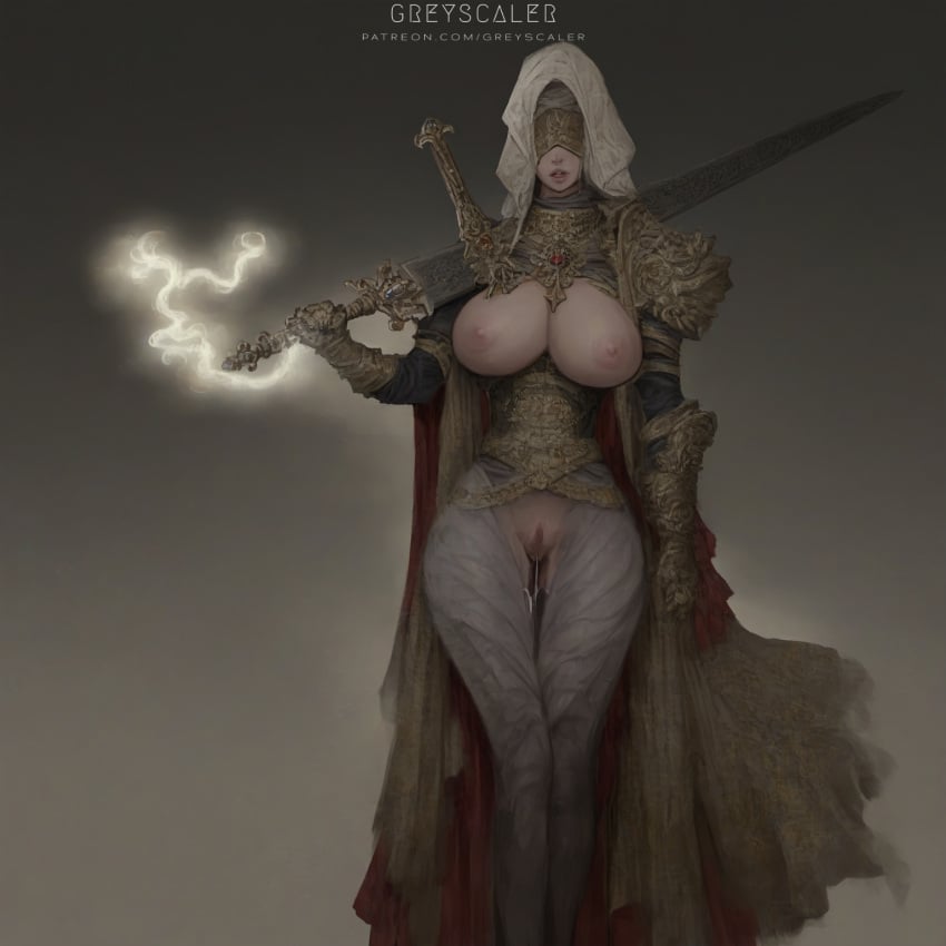 ai_assisted ai_generated alternate_version areolae armor blindfold cleric dark_fantasy fantasy female female_only gold_(metal) gold_trim greatsword greyscaler holding_weapon holy huge_weapon jewelry large_breasts long_hair navel nipples paladin pubic_hair pubic_stubble pussy revealing_clothes robe simple_background sleeves solo solo_female standing sword tagme unconvincing_armor vagina white_hair