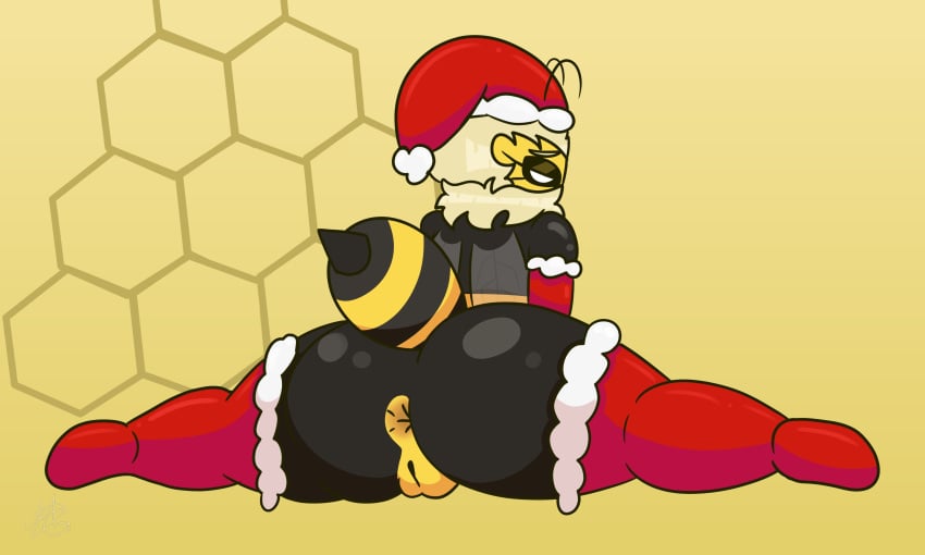 absurd_res animal_humanoid antennae_(anatomy) arthropod arthropod_abdomen arthropod_humanoid ass bee big_butt blonde_hair breasts christmas christmas_clothing clothing female footwear fur genitals gloves hair handwear hi_res holidays humanoid hymenopteran insects minusdanna pussy socks solo yellow_body yellow_fur