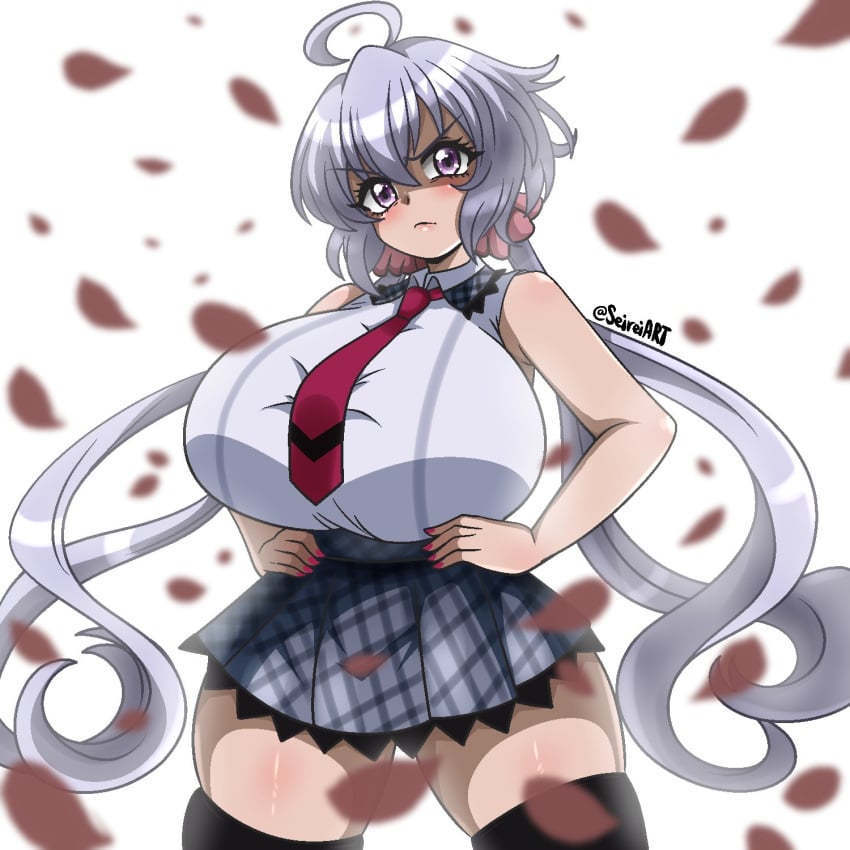 1girls artist_name big_breasts breasts clothed_female grey_hair huge_breasts light-skinned_female petals purple_eyes seireiart senki_zesshou_symphogear silver_hair solo solo_female thick_thighs thighs twintails watermark white_background yukine_chris