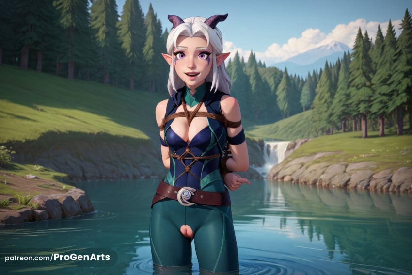 1girls :d ai_generated arms_behind_back artist_name bare_shoulders belt bondage bondage bondage bound breasts brown_belt cleavage crotchless day forest hi_res horns lake long_hair looking_at_viewer medium_breasts nature open_mouth outdoors pointy_ears progenarts purple_eyes pussy rayla_(the_dragon_prince) river rope shibari_over_clothes sky smile solo standing teeth the_dragon_prince tree uncensored upper_teeth_only wading water white_hair