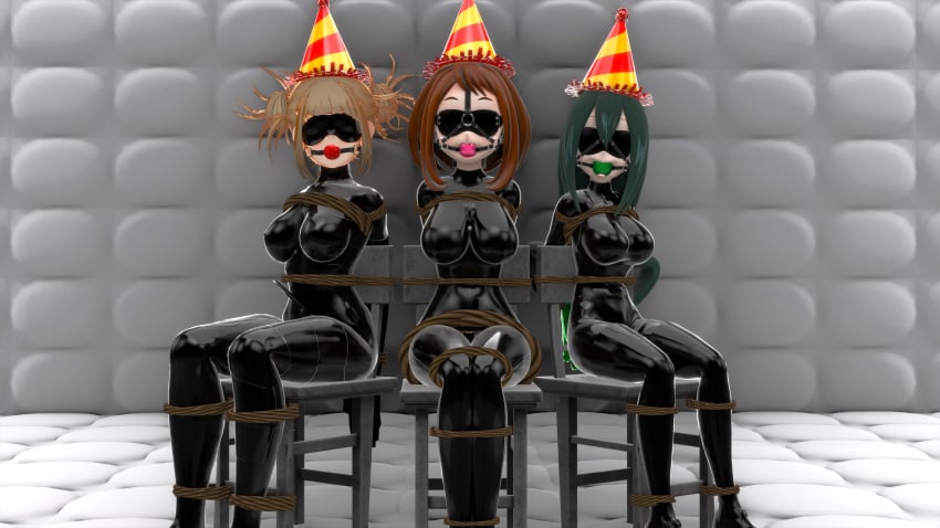 3d 3girls 4k ball_gag big_breasts blender blindfold blonde_hair bondage breasts brown_hair christmas clothed clothing female female_only green_hair highres himiko_toga human justchilling3d large_breasts latex latex_clothing latex_gloves light_skin long_hair my_hero_academia new_year new_year_2024 ochako_uraraka restrained rope_bondage simple_background thick_thighs thighs tight_clothing tsuyu_asui