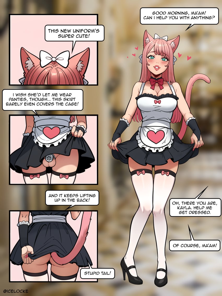 1futa 2d ai_generated animal_ears ass black_dress blurry blurry_background bow breasts cat_ears cat_tail chastity chastity_cage close-up comic crossdressing dress dress_lift english_text frills hairbow icelocke long_hair maid maid_uniform no_panties pink_hair sissy speech_bubble tail thighhighs turquoise_eyes uncensored