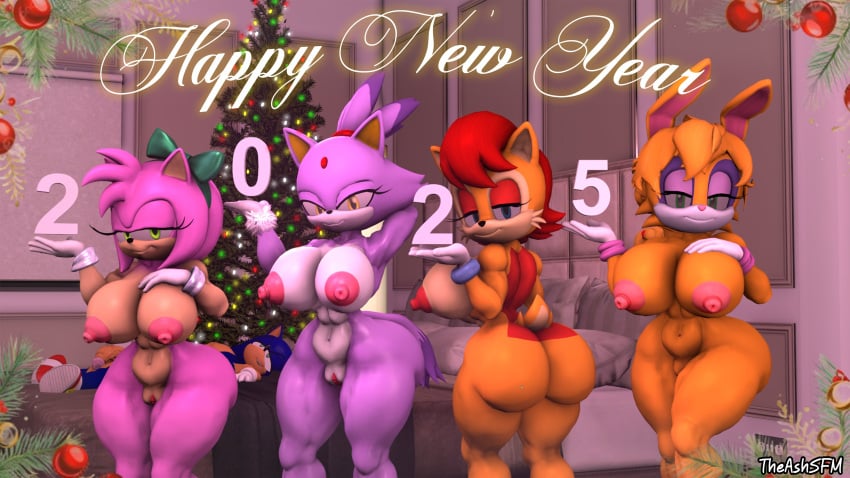 3d 3d_(artwork) after_sex amy_rose anthro areolae ass big_ass big_breasts blaze_the_cat breasts bunnie_rabbot chipmunk eulipotyphlan feline female female_focus happy_new_year kabalmystic_(style) looking_at_viewer male nipples nude nude_female pussy rabbit sally_acorn sega sonic_(series) sonic_the_hedgehog theashsfm thick_thighs