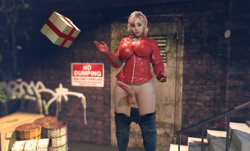 1futa 3d barrel big_breasts big_penis biker_jacket blacksheepovca blue_jeans erection futa_focus futa_milf futa_only futanari gift_box headband josh's_mom_(blacksheepovca) looking_at_viewer outside pants_down pink_hair presenting presenting_penis red_gloves red_jacket sagging_balls solo thrown_away