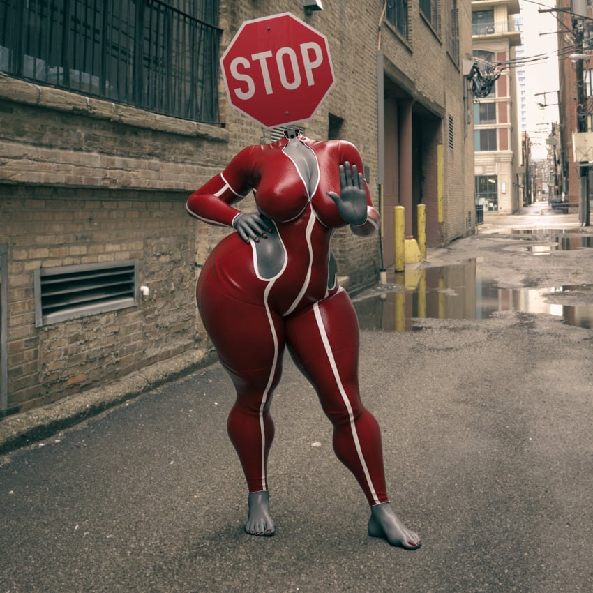 1girls 3d barefoot bigiolax faceless_female foot_fetish gigantic_ass huge_ass huge_breasts humanoid object_head robot_girl stop_sign thick_thighs tight_clothing voluptuous wide_hips