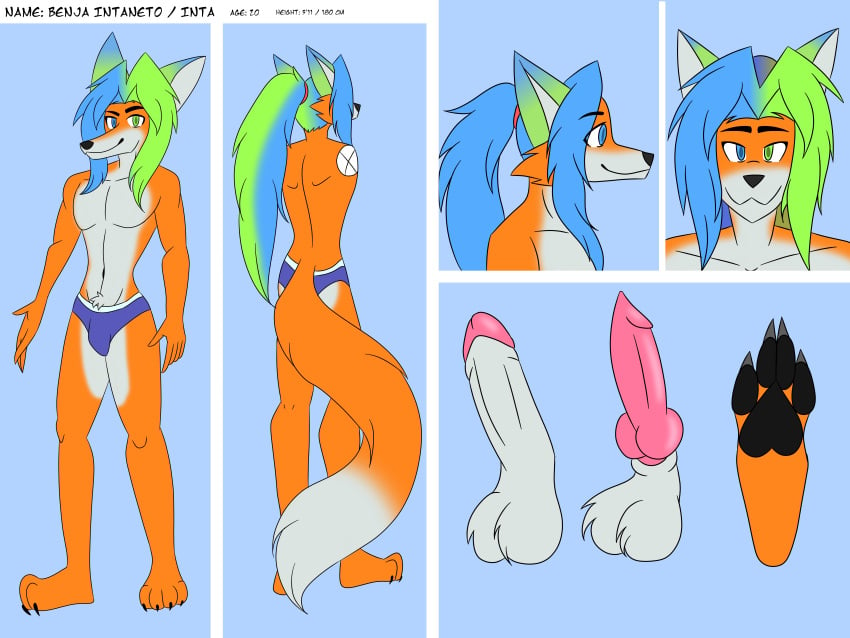 absurd_res anthro balls benja_intaneto_(utau) canid canine femboy fox genitals hi_res intaneloid knot male male/male mammal paws penis solo utau