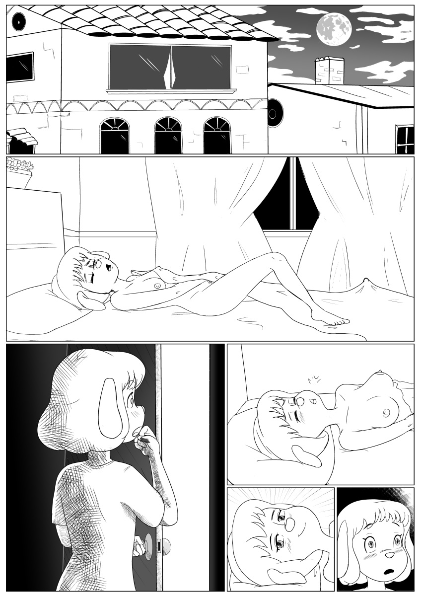 2017 4_fingers age_difference anthro bedroom bedroom_eyes blush breasts canine caught clothing comic digital_media_(artwork) dog duo female furry hair half-closed_eyes hi_res imminent_sex mammal masturbation monochrome mrs._hudson nipples nude polly_(sherlock_hound) pussy seductive sherlock_hound_(series) short_hair vinoda young yuri