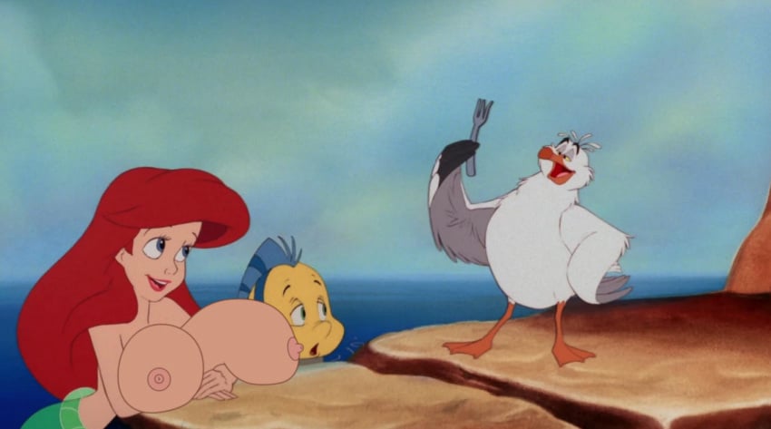 ariel big_breasts breasts disney edit female fish flounder male mermaid nipples screenshot screenshot_edit scuttle seagull the_little_mermaid