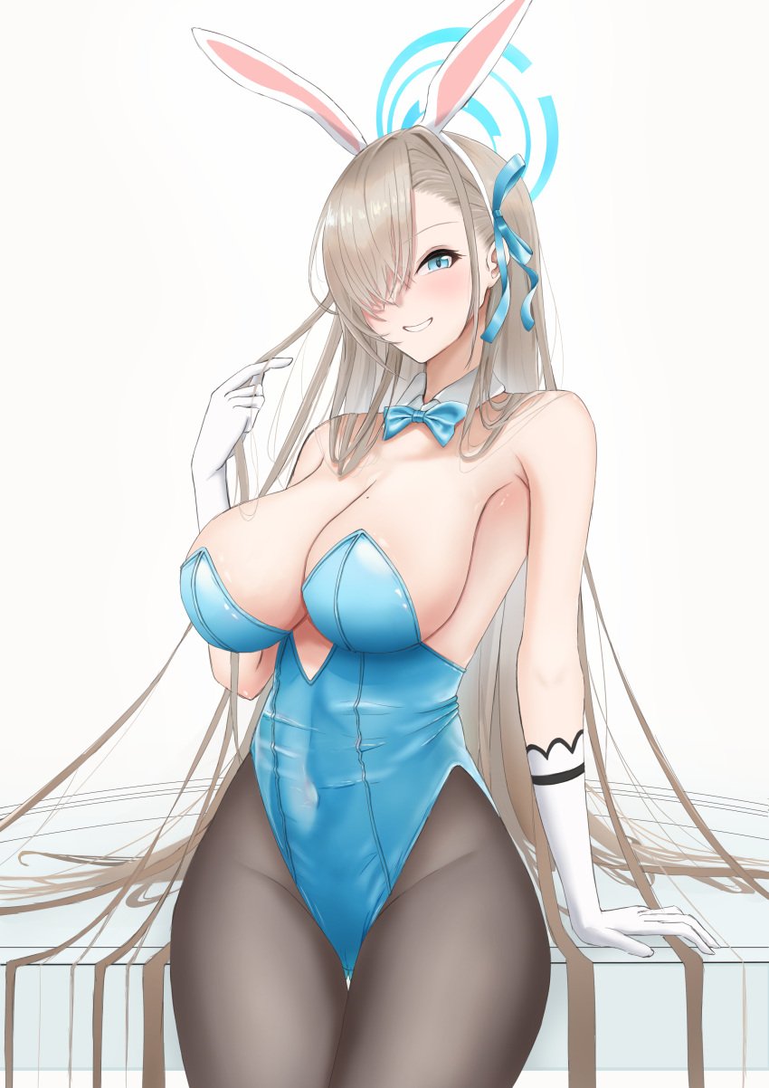 absurdres animal_ears armpit_crease asao_(asaomm12345) asuna_(blue_archive) asuna_(bunny)_(blue_archive) bare_shoulders black_pantyhose blue_archive blue_bow blue_bowtie blue_eyes blue_halo blue_leotard blue_ribbon blush bow bowtie breasts brown_hair cleavage commentary_request covered_navel detached_collar fake_animal_ears female gloves hair_over_one_eye halo hand_up highleg highleg_leotard highres large_breasts leotard long_hair looking_at_viewer official_alternate_costume pantyhose parted_lips playboy_bunny rabbit_ears ribbon smile solo very_long_hair white_gloves