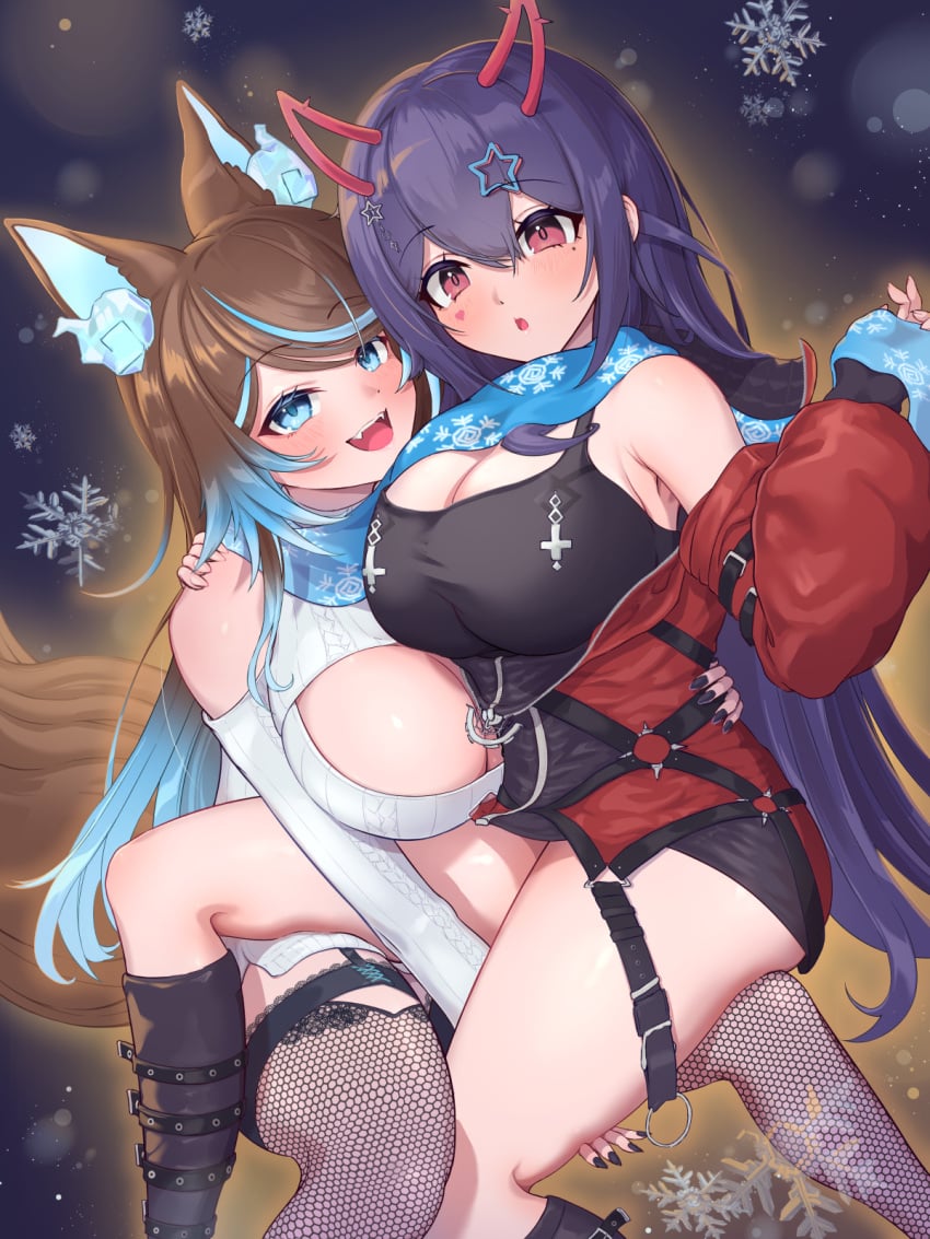 2girls akuma_nihmune akuma_nihmune_(4th_costume) animal_ears black_footwear black_nails blue_eyes blue_hair blue_scarf boots breasts brown_hair cleavage cleavage_cutout clothing_cutout cross facial_mark fishnet_thighhighs fishnets gradient_hair hair_ornament hand_on_another's_shoulder hareteruya heart heart_facial_mark hellhound highres horns indie_virtual_youtuber inverted_cross jacket large_breasts long_hair mole mole_under_eye multicolored_hair multiple_girls pink_eyes purple_hair red_jacket scarf sinder_(vtuber) sinder_(vtuber)_(4th_costume) snowflake_print snowflakes star_(symbol) star_hair_ornament streaked_hair tail thighhighs twitch twitter virtual_youtuber wolf wolf_ears wolf_girl wolf_tail youtube zipper