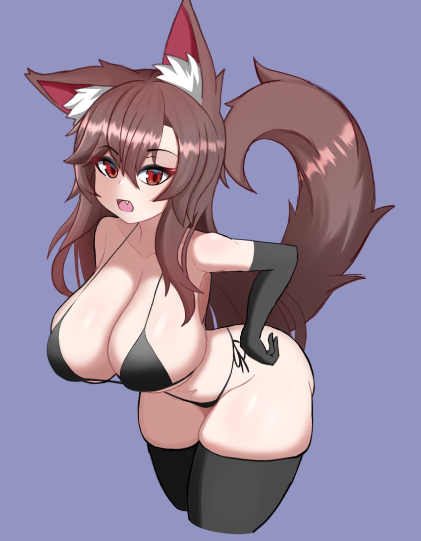 animal_ears animal_tail big_breasts bikini breasts brown_hair darkwrath kagerou_imaizumi open_mouth thighhighs touhou