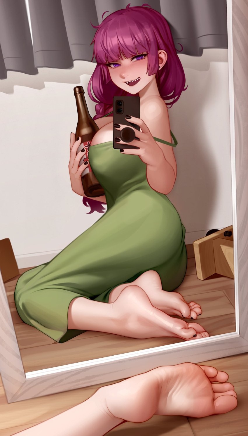 1girls 2d alternate_breast_size bare_shoulders barefoot big_breasts black_nails blush bocchi_the_rock! bottle bottle_between_breasts braided_hair cleavage dress dutch_angle feet female female_only foot_fetish foot_focus green_dress half-closed_eyes highres hiroi_kikuri holding_smartphone indoors kairuhentai kairunoburogu legs light-skinned_female light_skin looking_at_viewer looking_in_mirror low_braid magenta_hair messy_hair mirror nail_polish nose on_floor open_mouth open_smile pov purple_eyes seductive sharp_teeth shoes_removed sitting sitting_on_floor smartphone smile smirk soles solo strap_slip taking_picture taking_selfie tipsy toenail_polish toes